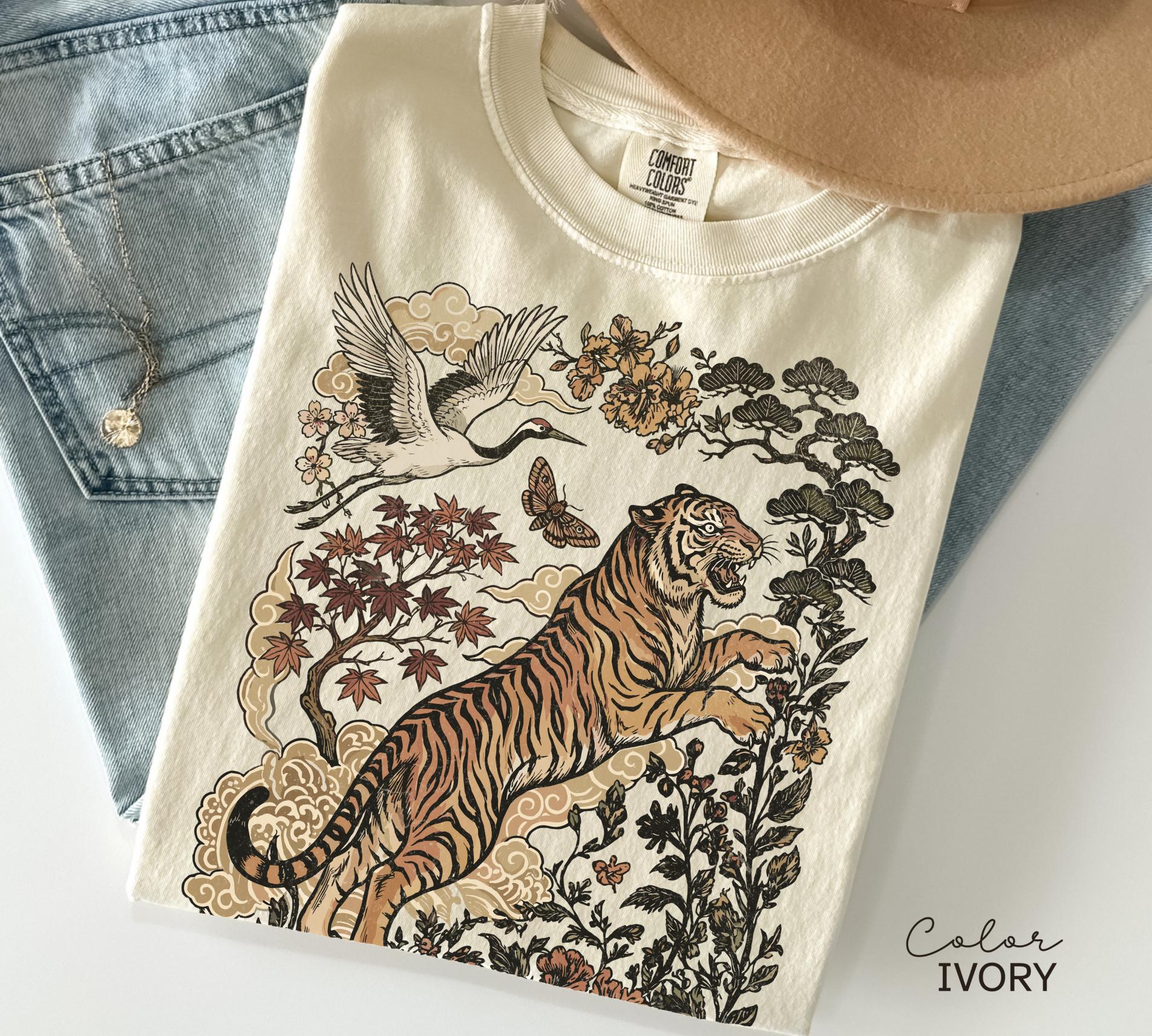 Retro Tiger Animal Tiger Lover Wild Cat Linocut Boho Cottagecore (1)