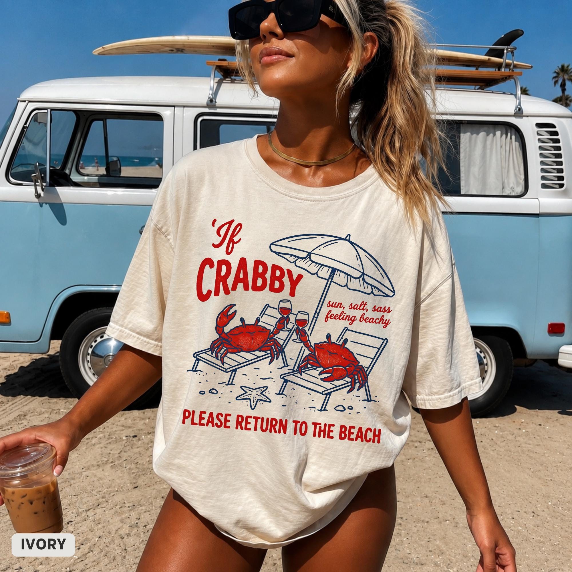 Crabby Please Return Beach Comfort Colors Crab Beach Tee Striped Summer Retro Beach Summer Tee (1)
