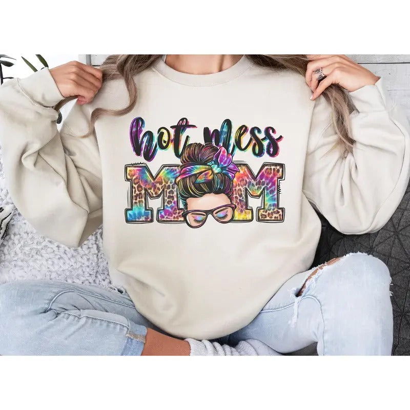 #026 Hot Mess Mom Print Crew Neck T-Shirts, Hoodie, Sweatshirt