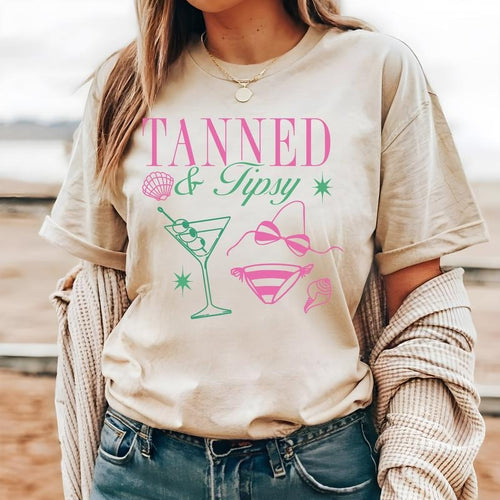 #034 - Tanned and Tipsy Summer Beach -  - Print Unisex Crew neck Tee T-shirt Hoodie Sweatshirt | PrintMintTees.com
