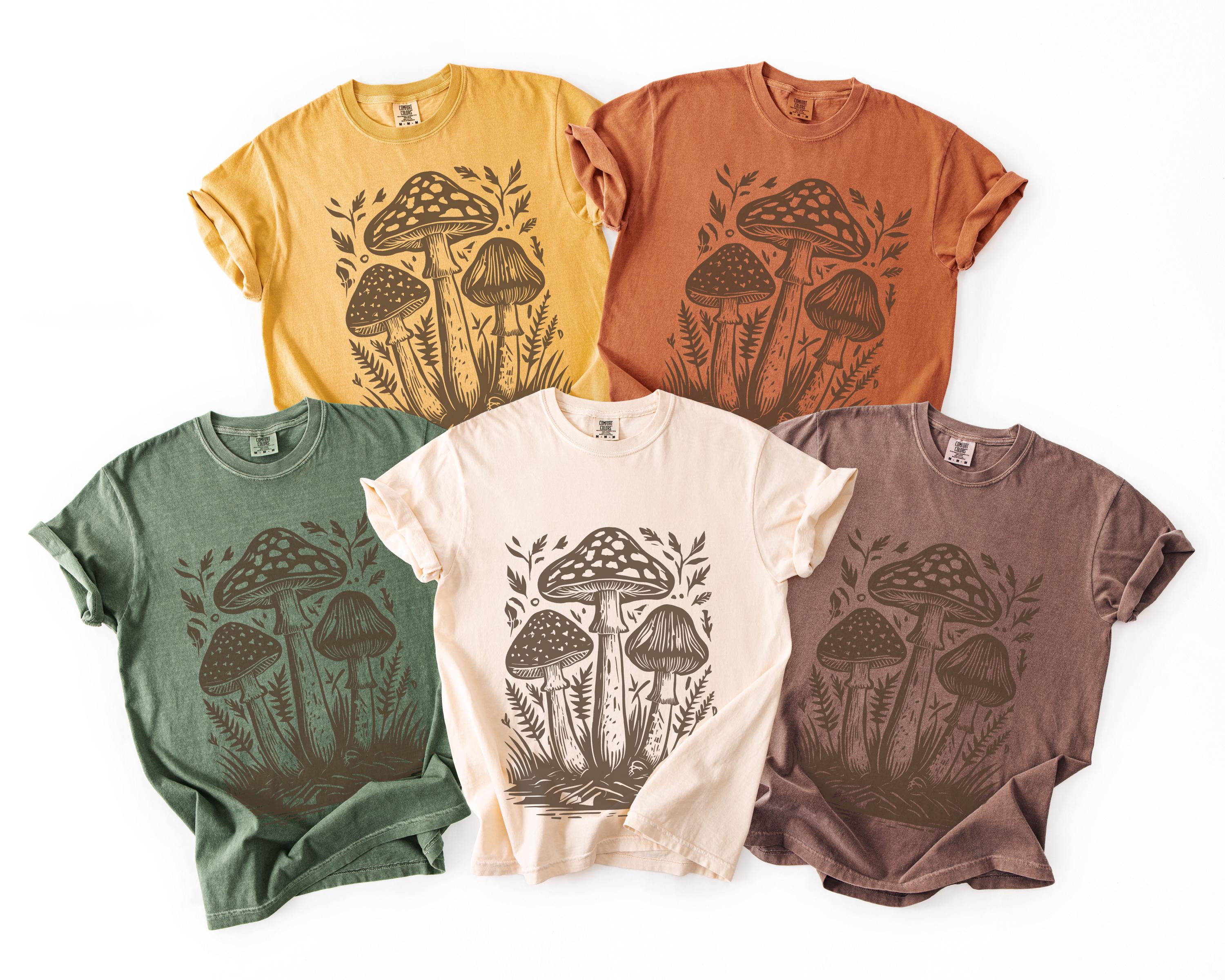 Cottagecore Mushroom Woodcut Comfort Colors Vint Linocut Mushroom Tee Nature Lover Fall Boho Retro (2)
