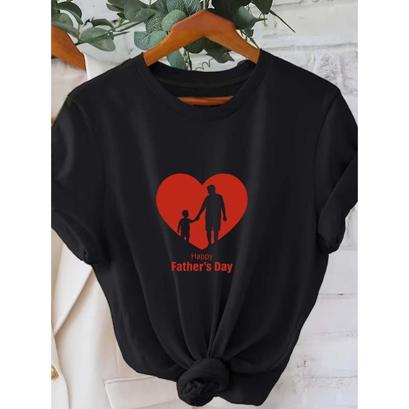 1-Pack Women's Black Short Sleeve Crew Neck T-Shirt - Happy Father's Day Print with Red Heart & Family Silhouette, Casual Comfortable Loose Fit Machine Washable All-Season Top, Father's Day Gift Idea, Gifts for Father's Day