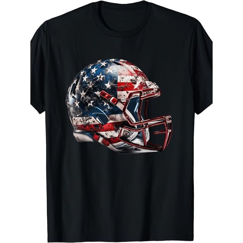1 pc, 100% cotton T-shirt, men's football Short sleeve American Football helmet American Flag men's T-shirt made in usa...