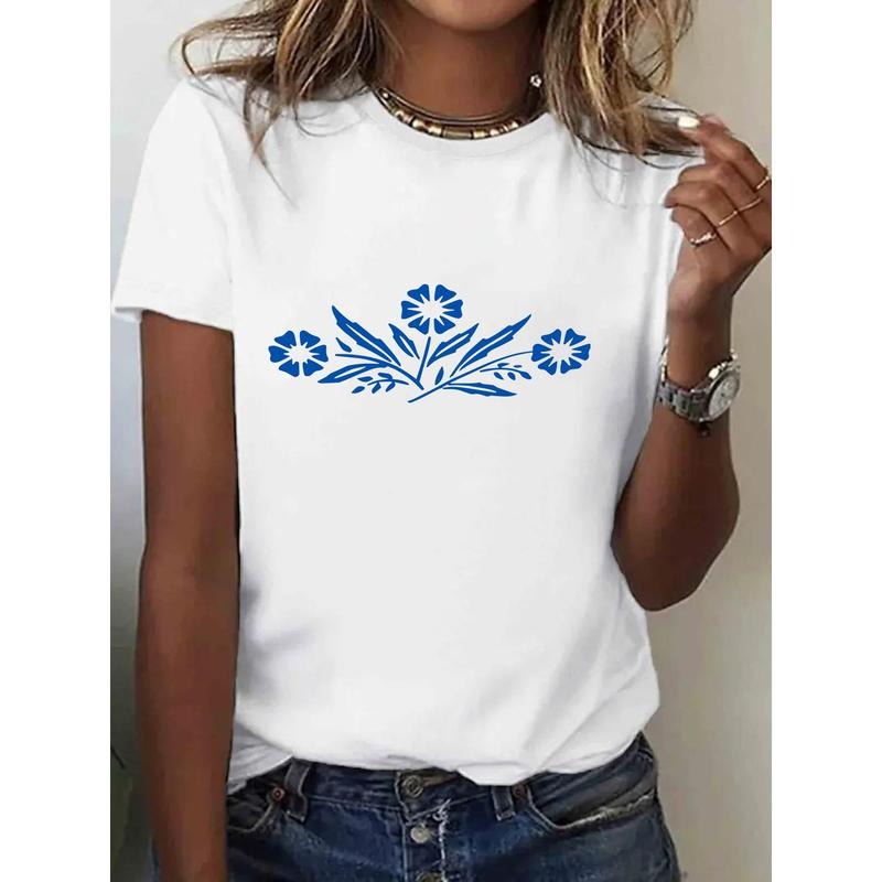 1 piece, 100% Cotton, Floral Pattern Printed T-Shirt Spring Summer Round Neck Short Sleeve Women's T-Shirt, Breathable...
