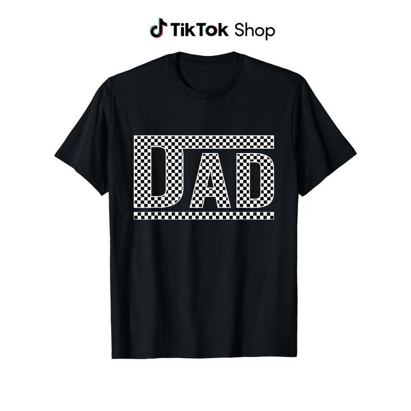 100% Cotton 'DAD' Checkered Print T-Shirt - Breathable & Comfortable, Ideal Father's Day Gift, Casual Wear for Men & Women, Easy Care,  Black with White Pattern