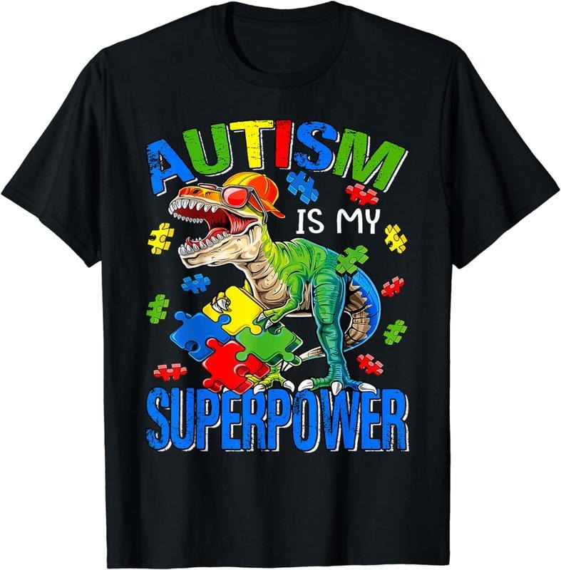 [100% Cotton] Dinosaur Rex Autism Is My Superpower Autism Awareness T-Shirt Hoodie Sweatshirt | PrintMintTees.com