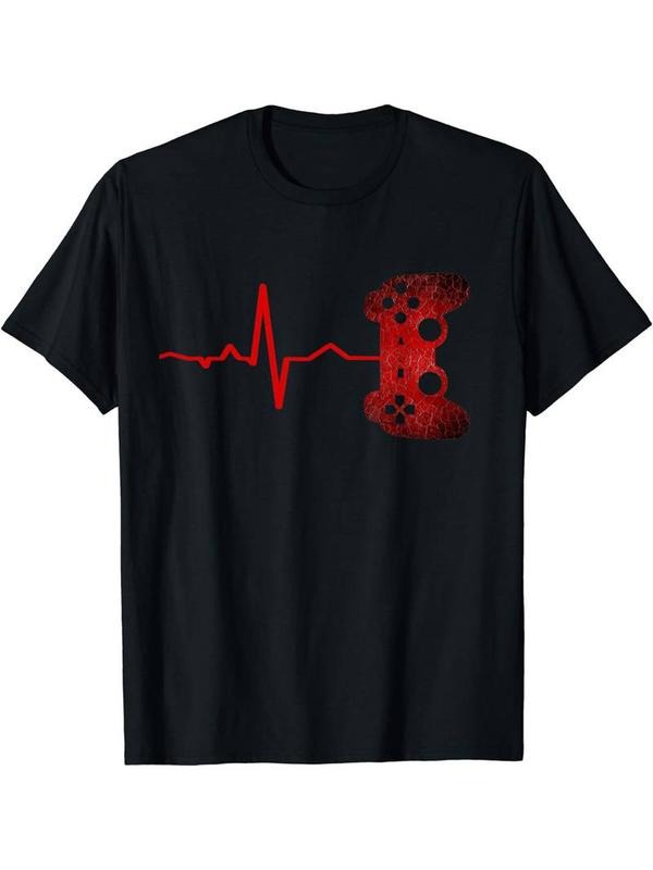 [100% Cotton] Gamer Heartbeat Video Graphic Men's Short Sleeve T-shirt, Comfy Stretchy Trendy Tees For Summer Hoodie...
