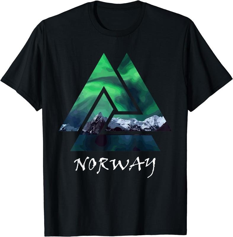 [100% Cotton] Norway Northern Lights Geometric Travel T-Shirt Black Hoodie Sweatshirt | PrintMintTees.com