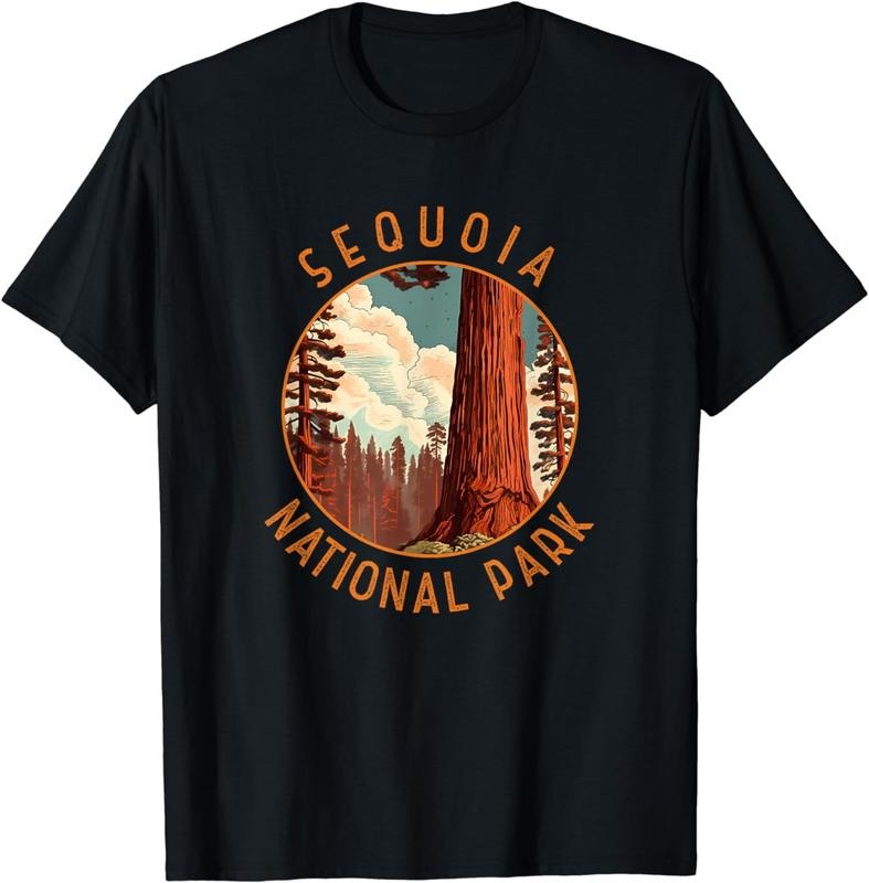 [100% Cotton] Sequoia National Park Illustration Distressed Circle T-Shirt Hoodie Sweatshirt | PrintMintTees.com