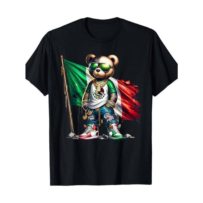 [100% Cotton] Stylish Teddy Bear in Mexican Flag Design T-Shirt