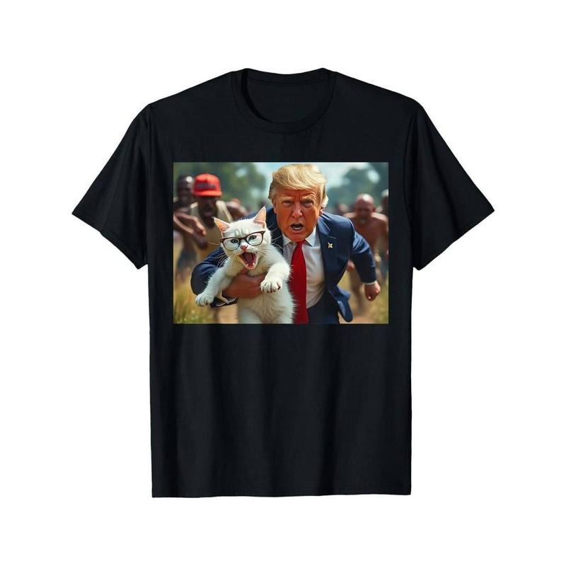 [100% Cotton] Trump Holding Cat Print T-shirt, Trendy Cotton Tops Short Sleeve, Street Style Short Sleeve Tee Hoodie...