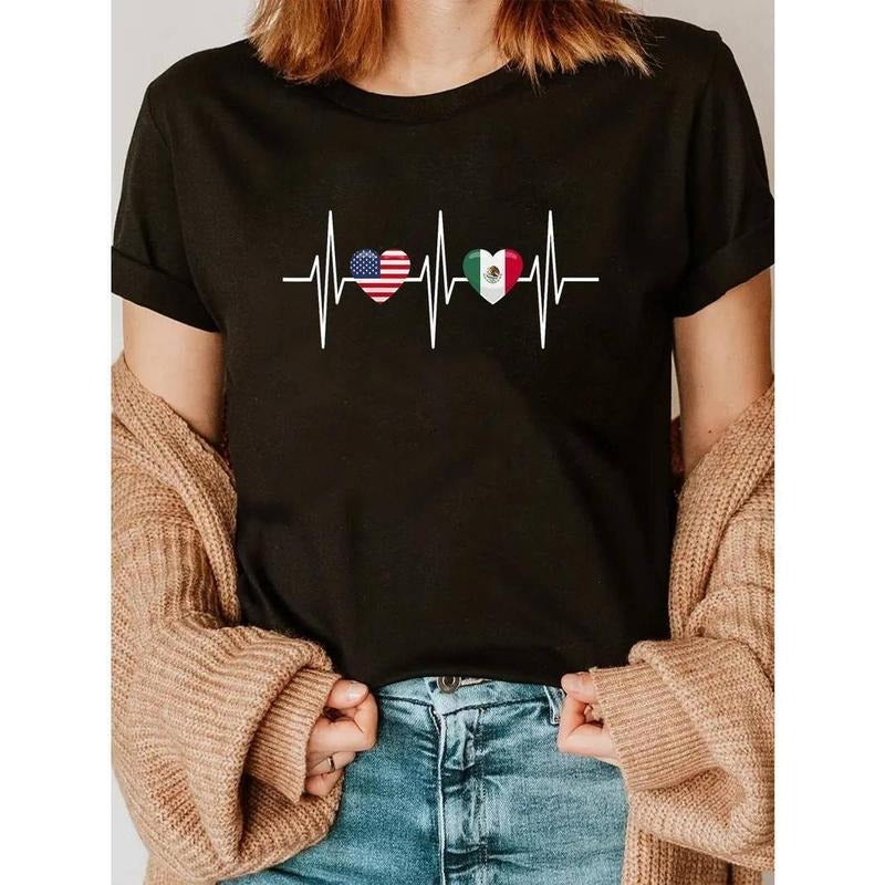 [100% Cotton] USA Mexico Shirt Heartbeat America Mexican Flag Heart T-Shirt Casual Short Sleeve Shirt Hoodie Sweatshirt