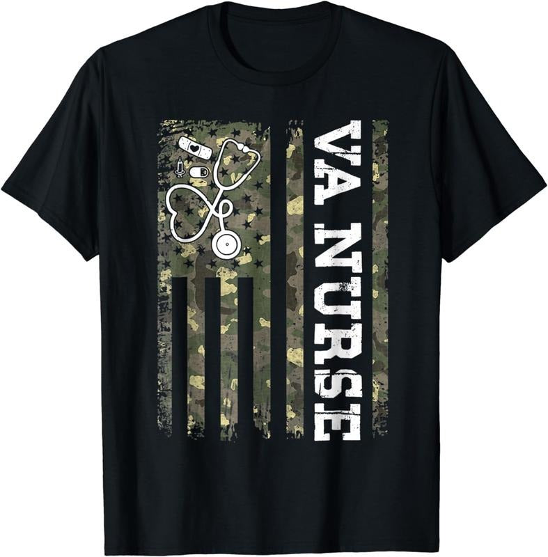 [100% Cotton] VA Nurse Camouflage American Flag Patriotic Nurse Week 2024 T-Shirt Hoodie Sweatshirt | PrintMintTees.com