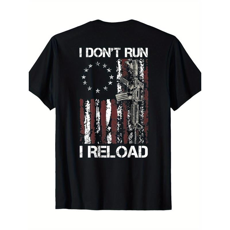 100% Cotton American Flag Patriots T-Shirt - 'I Don't Run I Reload Gun' Design, Short Sleeve, Round Neck, Machine Washable