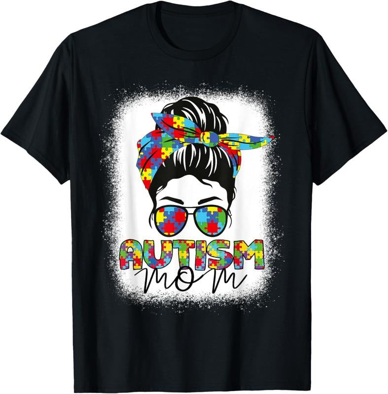 100% Cotton Autism Mom Life Messy Bun Bleached Mothers Day Autism Mom T-Shirt Hoodie, Sweatshirt | PrintMintTees.com