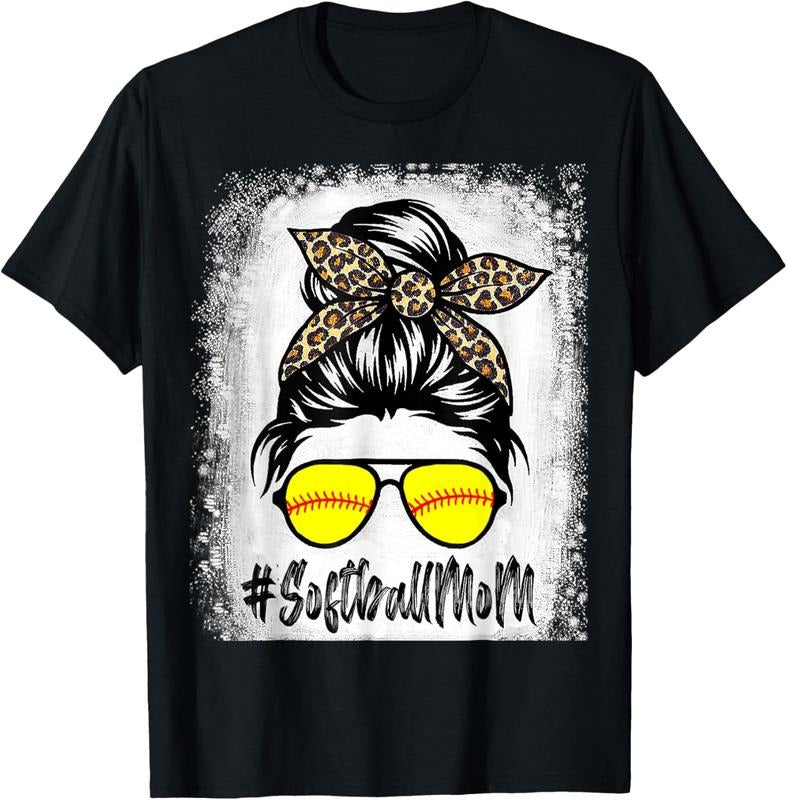 100% Cotton Bleached Softball Mom Life With Leopard and Messy Bun Player T-Shirt Hoodie, Sweatshirt | PrintMintTees.com