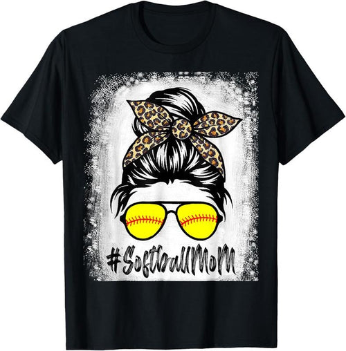100% Cotton Bleached Softball Mom Life With Leopard and Messy Bun Player T-Shirt Hoodie, Sweatshirt | PrintMintTees.com