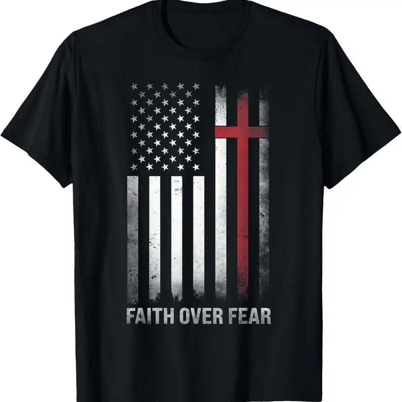 100% Cotton Christian US USA Flag American Christ Faith Over Fear Cross T-Shirts, Hoodie, Sweatshirt