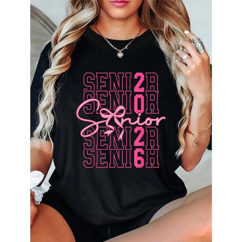 100% Cotton Class Of 2026 Coquette Bow Senior 2026 Graduation Girl Women T-Shirt Casual Short Sleeve Shirt Hoodie Sweatshirt