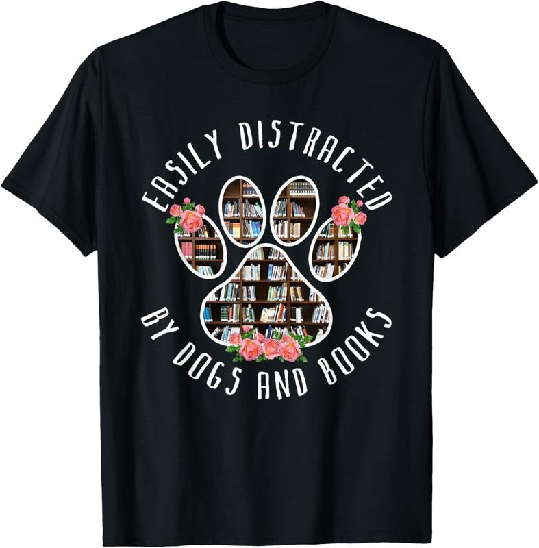 100% Cotton Easily Distracted By Dogs And Books - Animal Book Lover Gift T-Shirt Hoodie, Sweatshirt | PrintMintTees.com