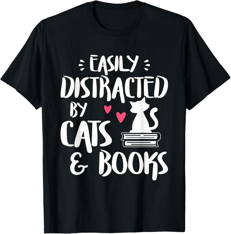 100% Cotton Easily Distracted Cats Books Cat & Book Lover Short Sleeve T-Shirts, Hoodie, Sweatshirt