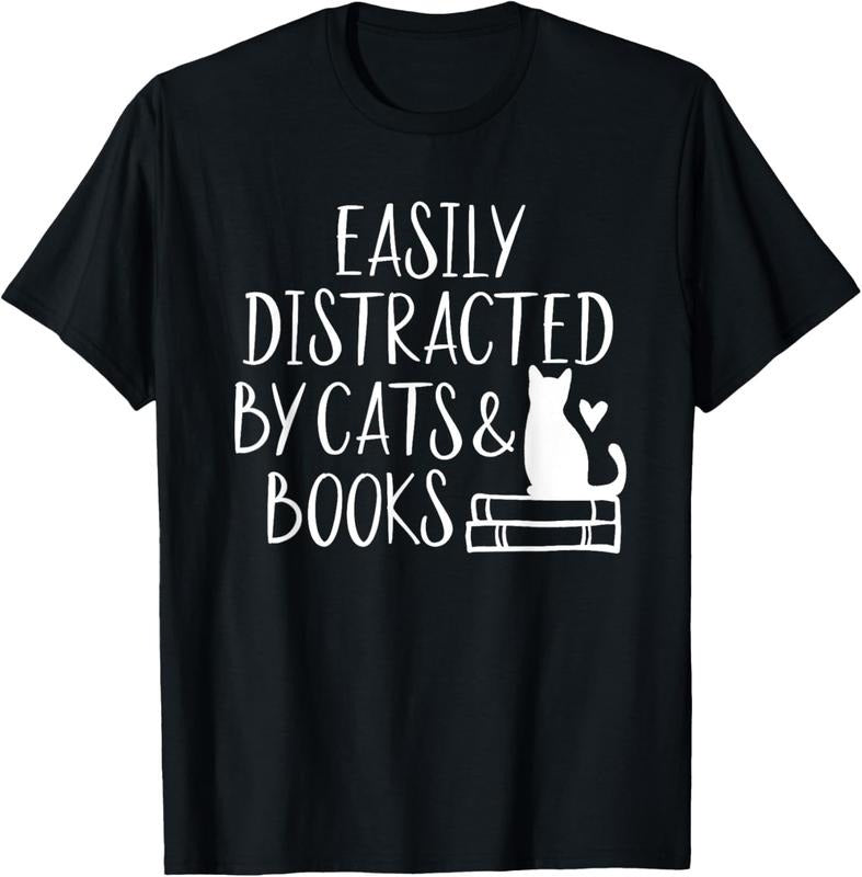 100% Cotton Easily Distracted by Cats and Books - Cute Book Lover T-Shirt Hoodie Sweatshirt | PrintMintTees.com