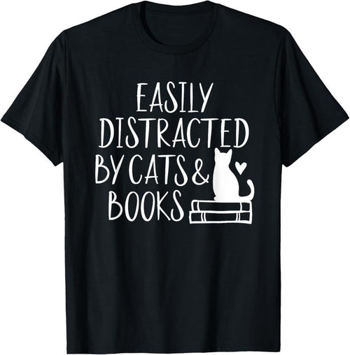 100% Cotton Easily Distracted by Cats and Books - Cute Book Lover T-Shirt Hoodie Sweatshirt | PrintMintTees.com