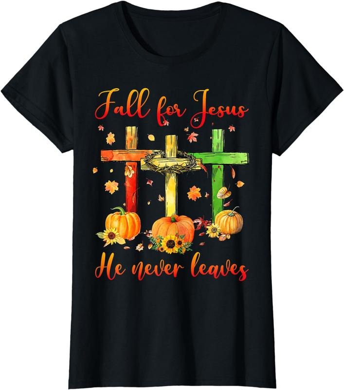 [100% Cotton]Fall For Jesus He Never Leaves Autumn Christian Gift Costume T-Shirt Hoodie Sweatshirt | PrintMintTees.com
