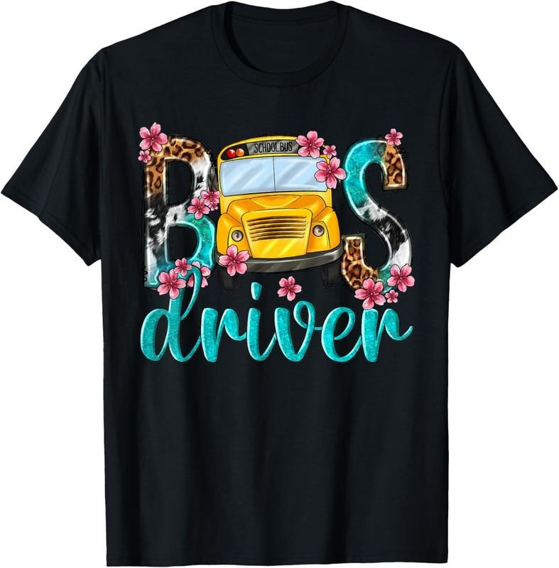 100% Cotton Floral Leopard Bus Driver School Bus Back To School 2023 T-Shirt Hoodie Sweatshirt | PrintMintTees.com