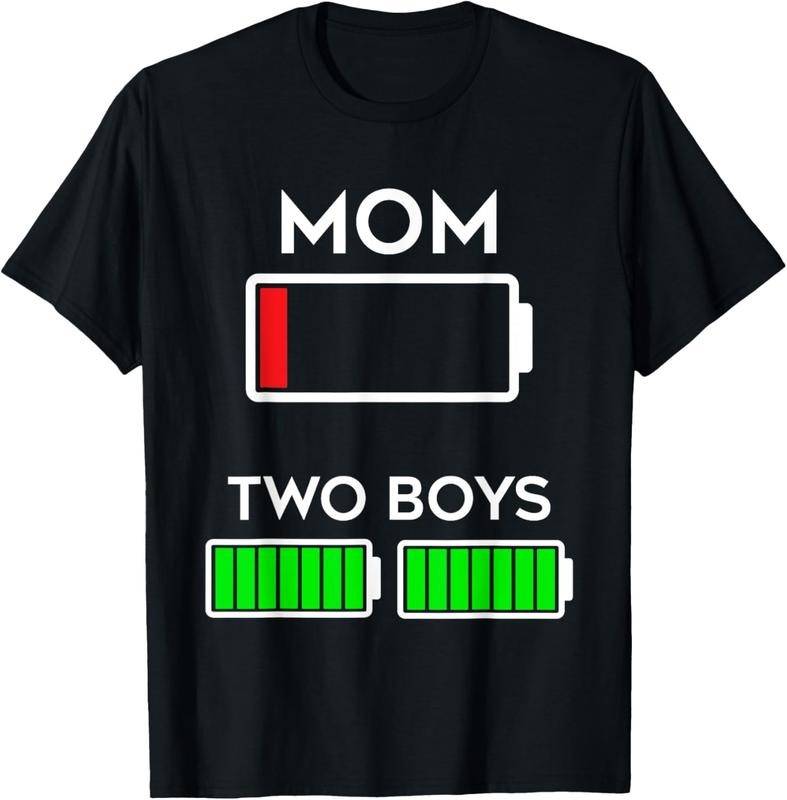 100% Cotton Funny Tired Mom of two Boys Battery Low Design T-Shirt Hoodie Sweatshirt | PrintMintTees.com