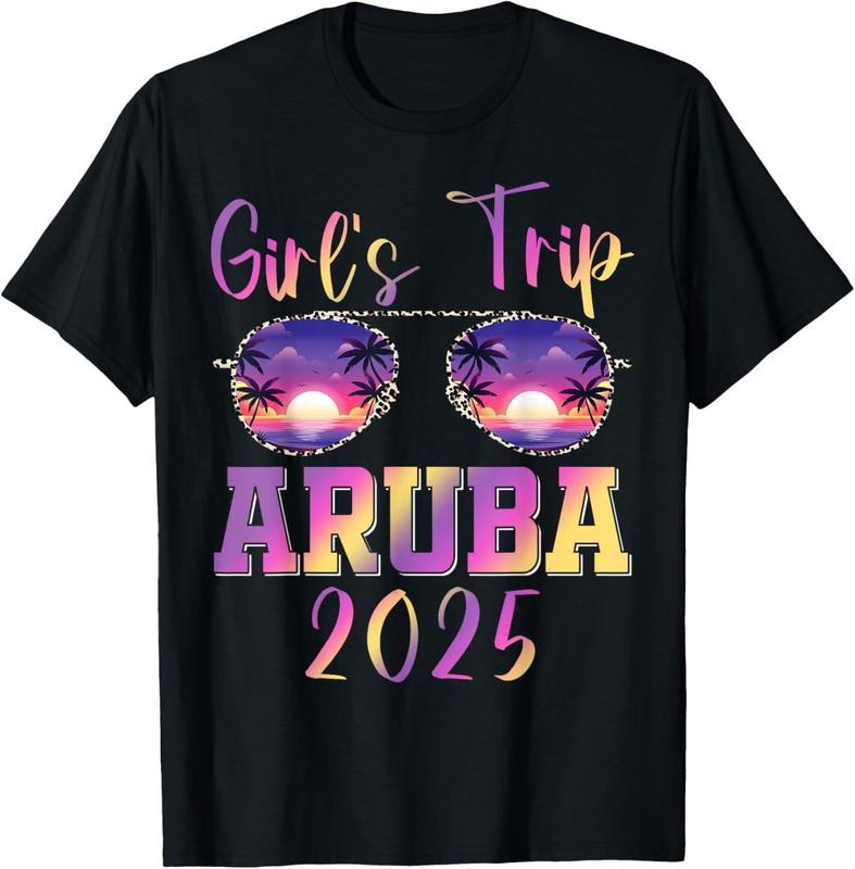 100% Cotton Girls Trip Aruba 2025 Leopard Sunglasses Beach Vacation T-Shirt Hoodie Sweatshirt | PrintMintTees.com
