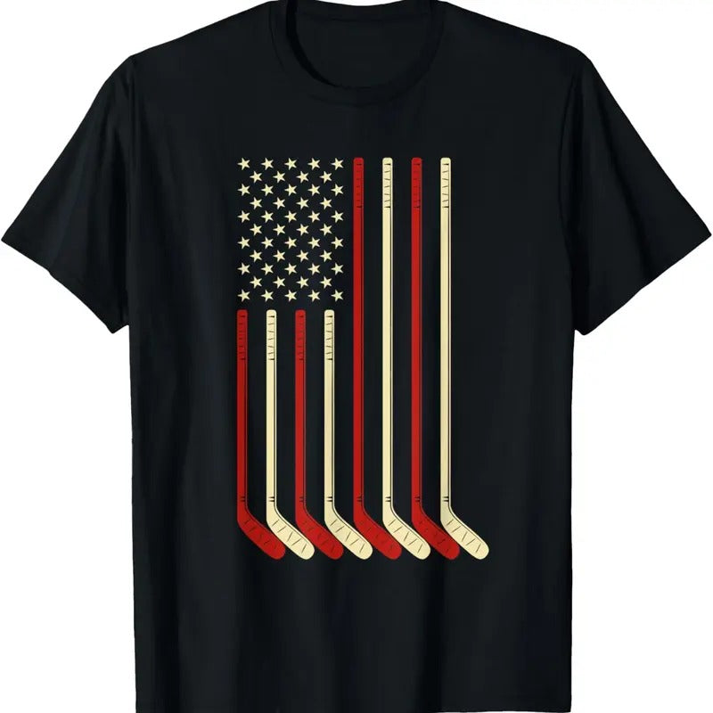 100% Cotton Hockey Goalie Gift USA Flag Hockey Stick Ice Hockey T-Shirt Hoodie Sweatshirt | PrintMintTees.com
