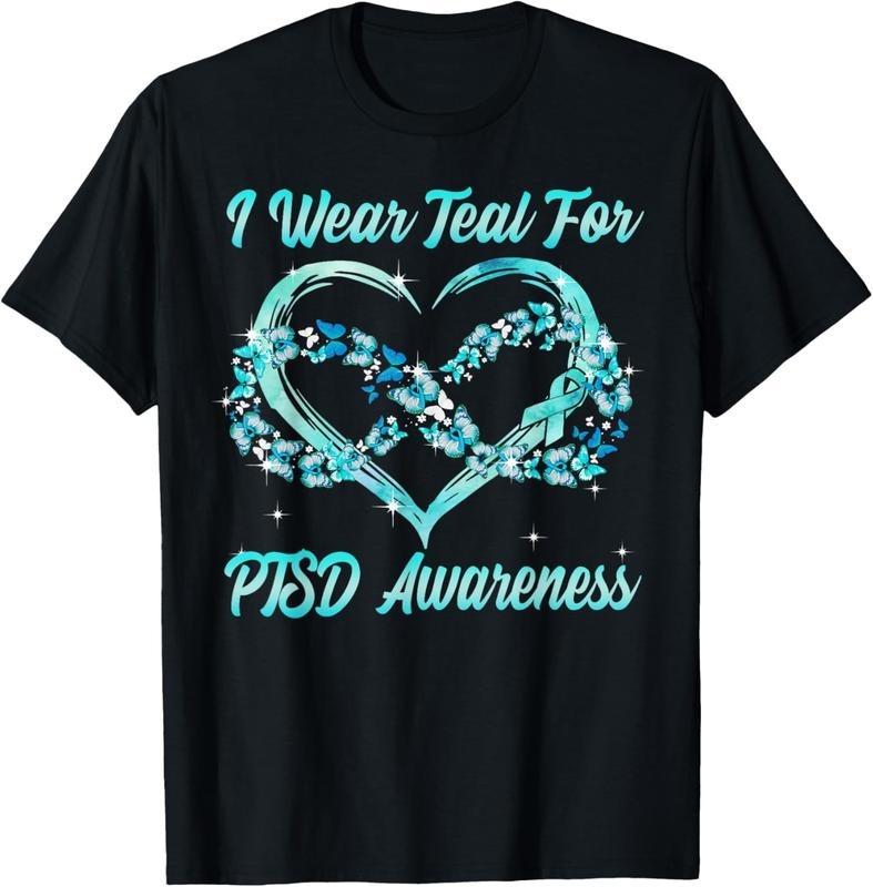 100% Cotton I Wear Teal For PTSD Awareness Heart Butterfly T-Shirt Hoodie Sweatshirt | PrintMintTees.com