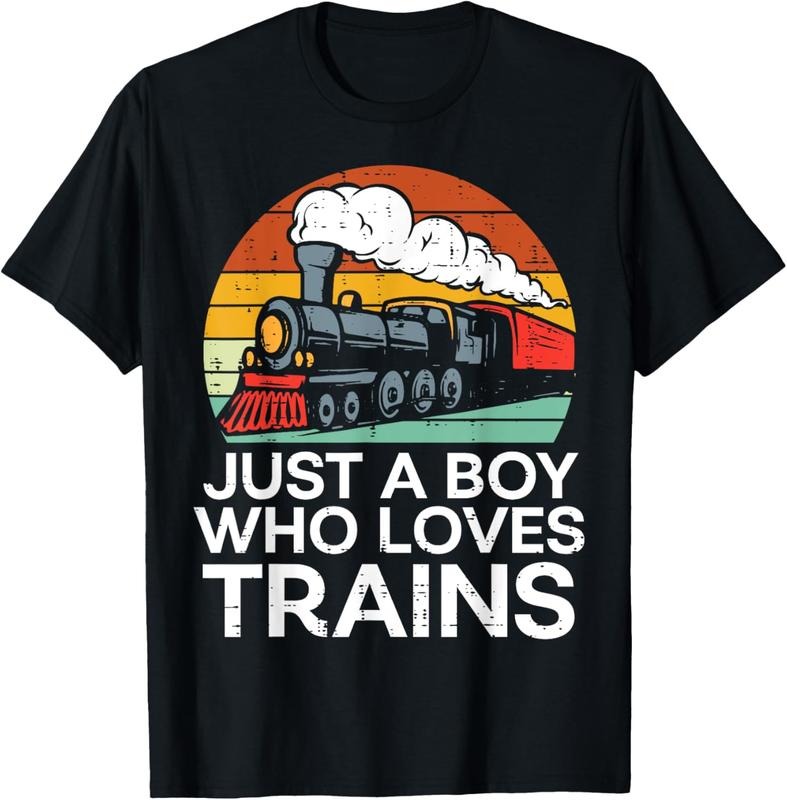 100% Cotton Just A Boy Who Loves Trains Retro Locomotive Men  Youth T-Shirt Hoodie Sweatshirt | PrintMintTees.com