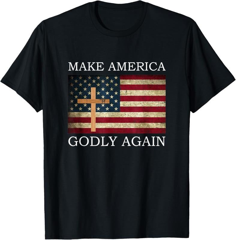 100% Cotton Make America Godly Again American Flag Cross Jesus T-Shirts, Hoodie, Sweatshirt