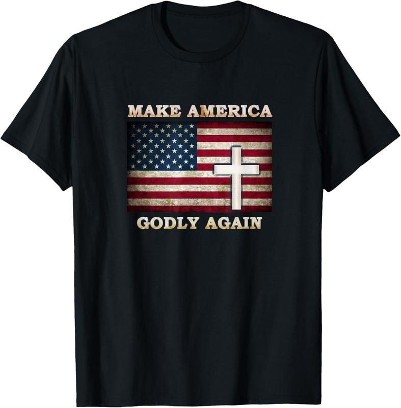 100% Cotton Make America Godly Again American Flag with Cross of Jesus T-Shirt Hoodie Sweatshirt | PrintMintTees.com