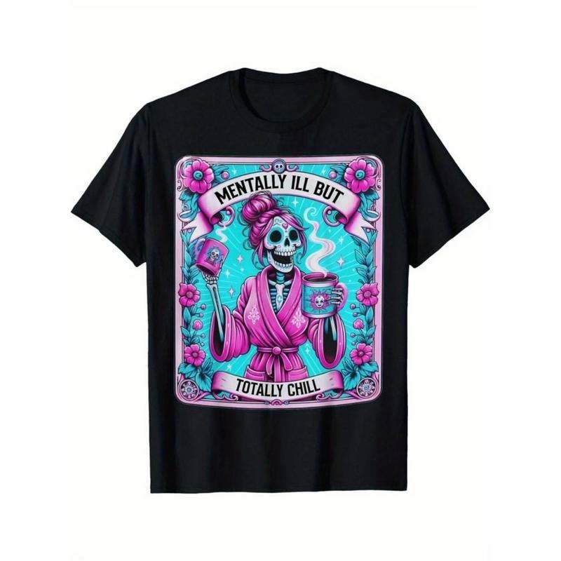 100% Cotton Men's "Mentally Ill But Totally Chill" Skeleton Coffee Tarot Graphic T-Shirt - Black, 100% Cotton, Relaxed...