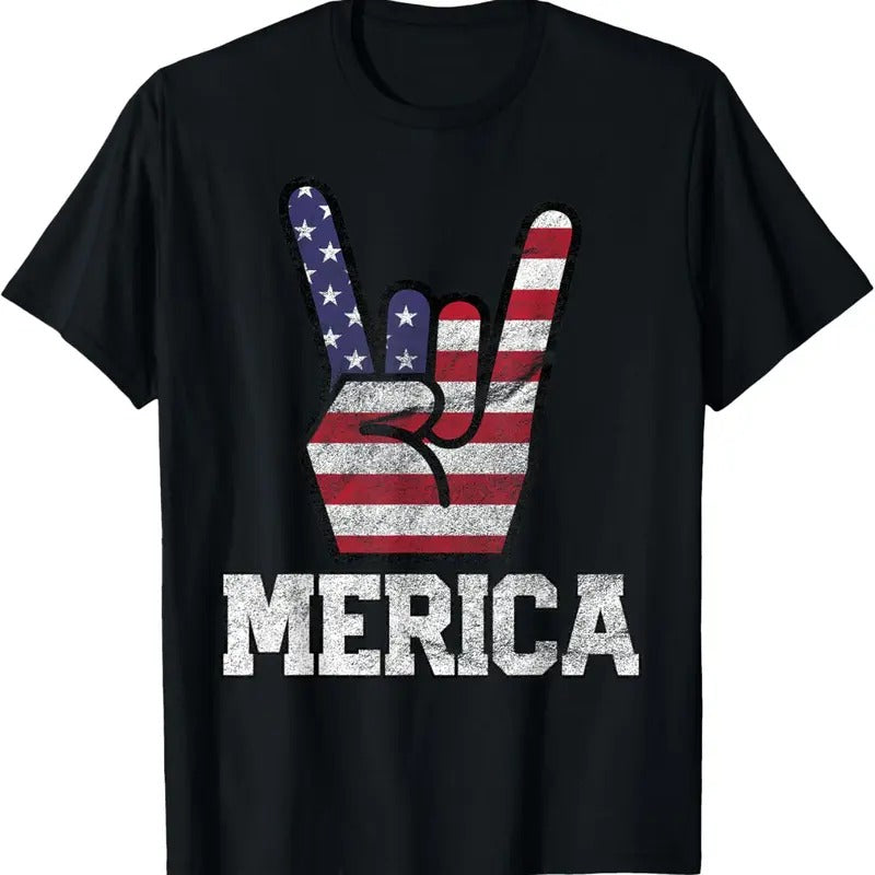 100% Cotton Merica Rock Sign 4th of July Vintage American Flag Retro USA T-Shirt Hoodie, Sweatshirt | PrintMintTees.com