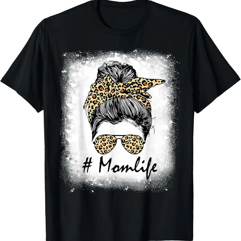 100% Cotton Mom Life Bleached Shirt Mom Life Leopard Messy Bun T-Shirt Hoodie Sweatshirt | PrintMintTees.com