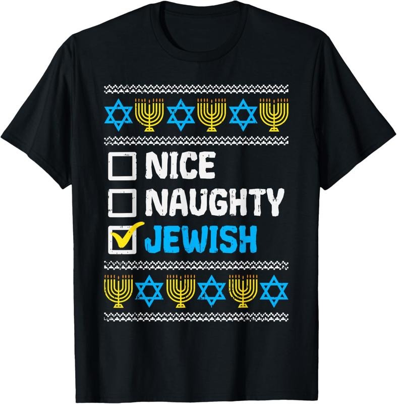 100% Cotton Nice Naughty Jewish Ugly Hanukkah Sweater Chanukah Jew Gift Short Sleeve T-Shirt Hoodie Sweatshirt