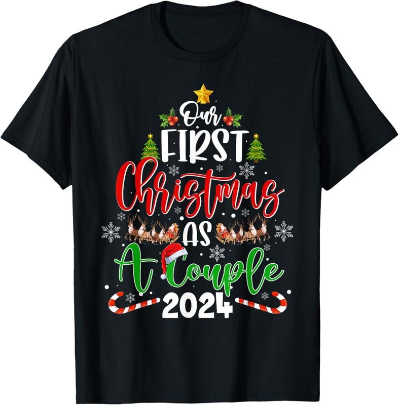 100% Cotton Our First Christmas As A Couple 2024 Xmas Love Couple Pajama T-Shirt Hoodie, Sweatshirt | PrintMintTees.com