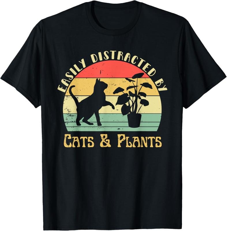100% Cotton Retro Pet Cat Plant Lover Easily Distracted By Plants & Cats T-Shirt Hoodie Sweatshirt | PrintMintTees.com