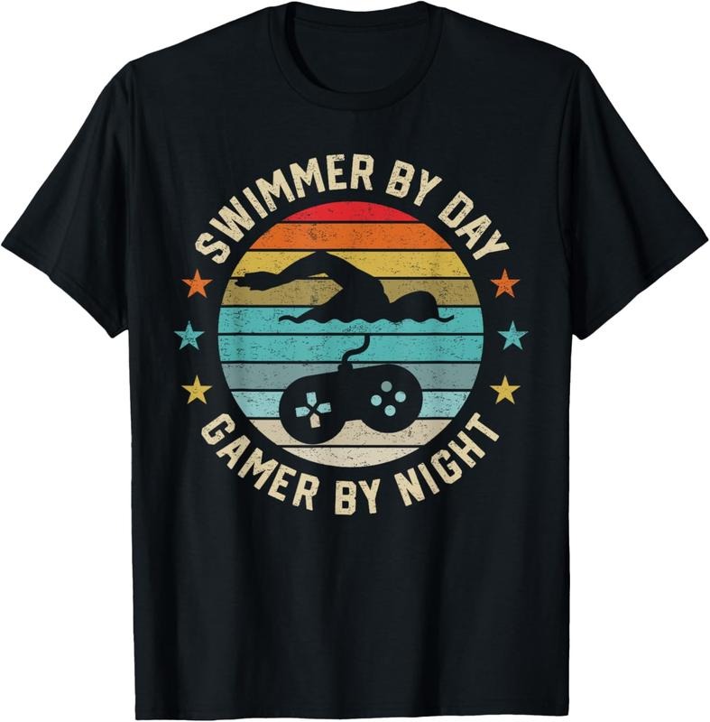 100% Cotton Swimmer By Day Gamer By Night Swimming Swim Lover Gaming T-Shirt Hoodie Sweatshirt | PrintMintTees.com