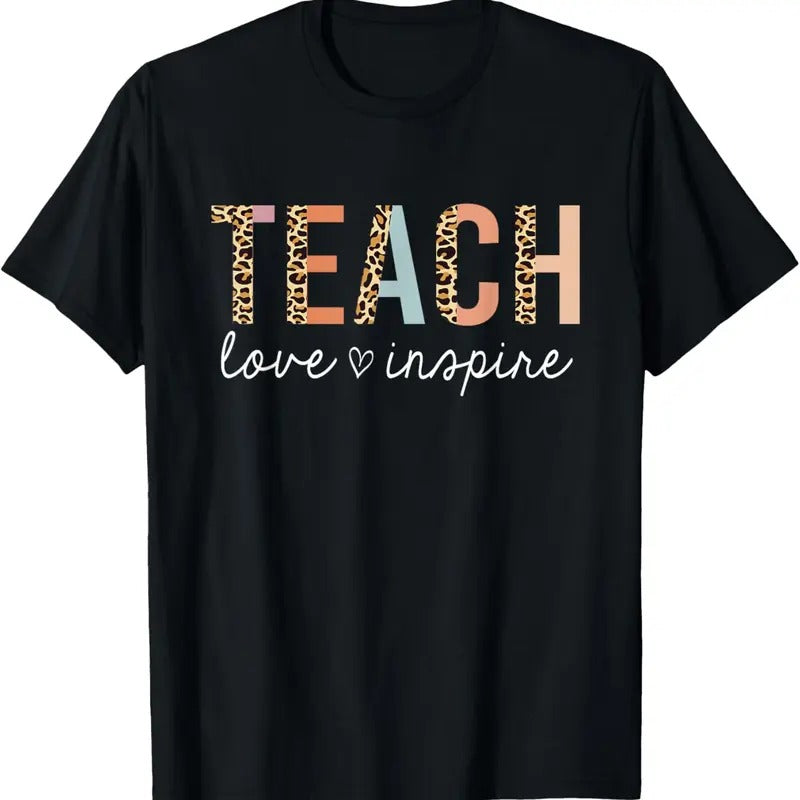 100% Cotton Teach Love Inspire Leopard Back to School Cute Teacher T-Shirt Hoodie Sweatshirt | PrintMintTees.com