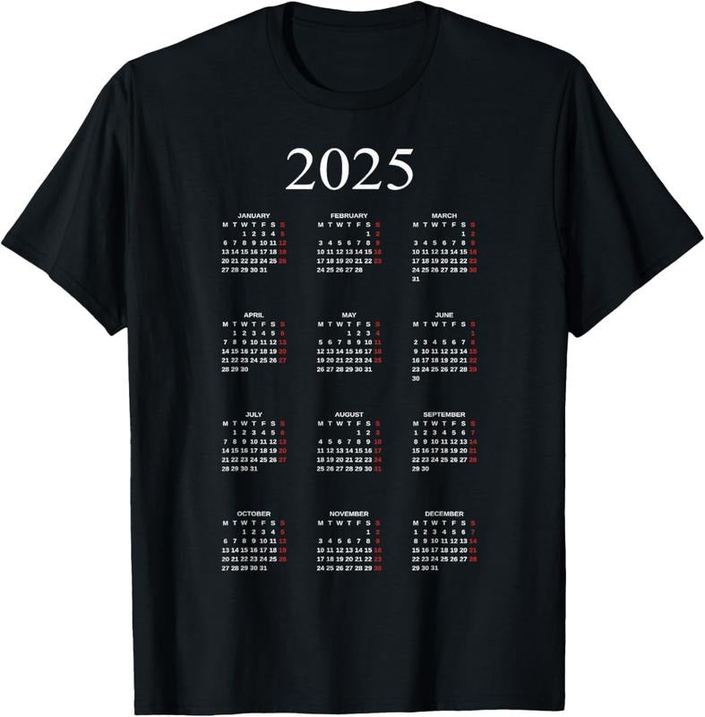 100% Cotton Tshirt Graphic of Year 2025 Calendar With Holidays in Red T-Shirt Hoodie, Sweatshirt | PrintMintTees.com