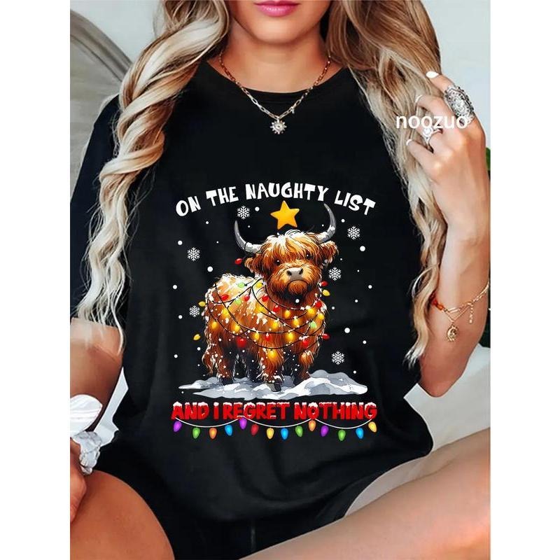 100% Cotton Unisex On The Naughty List And Reget Nothing Christmas Highland Cow T-Shirt Casual Top style 02 Hoodie Sweatshirt