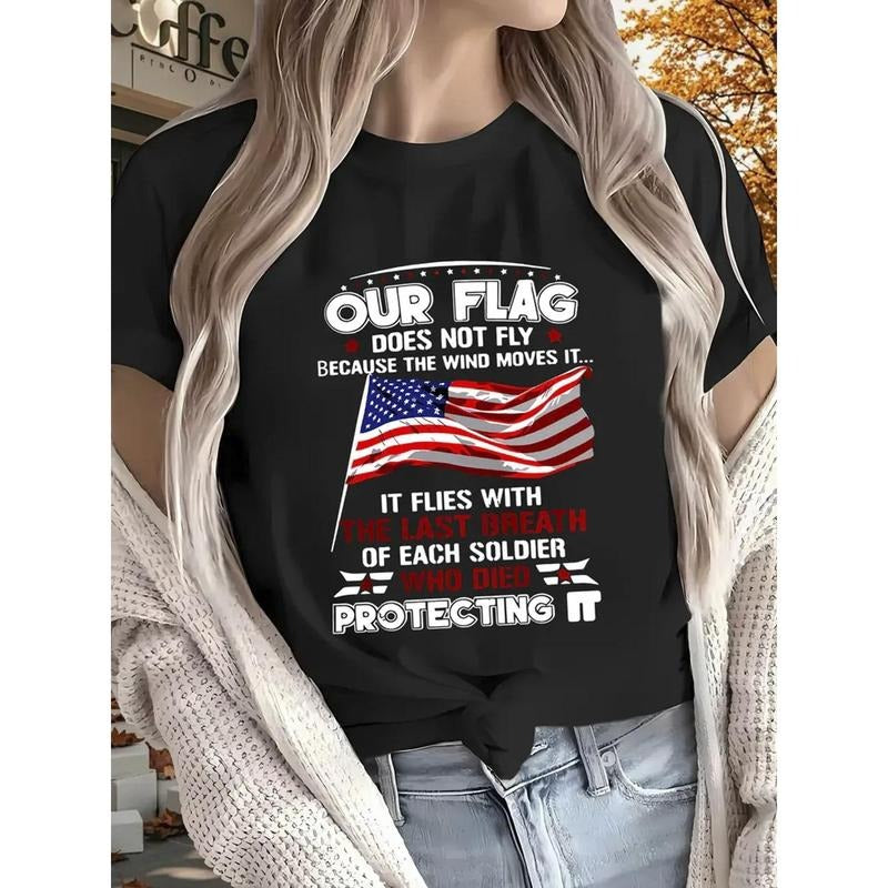 100% Pure, Printed T-Shirt with The American Flag And Soldier Tribute Quotes Pattern, Spring And Summer Round Neck Short...