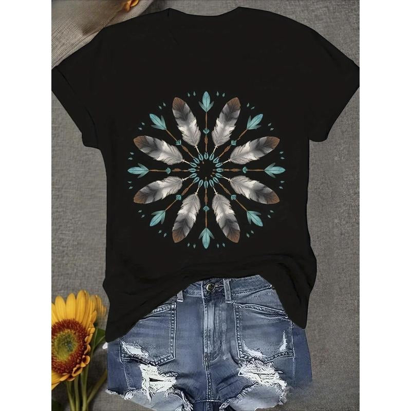 100% Pure, Symmetrical Radial Geometric Pattern Printed T-Shirt for Summer Round Neck Short Sleeved Women, with Slight...
