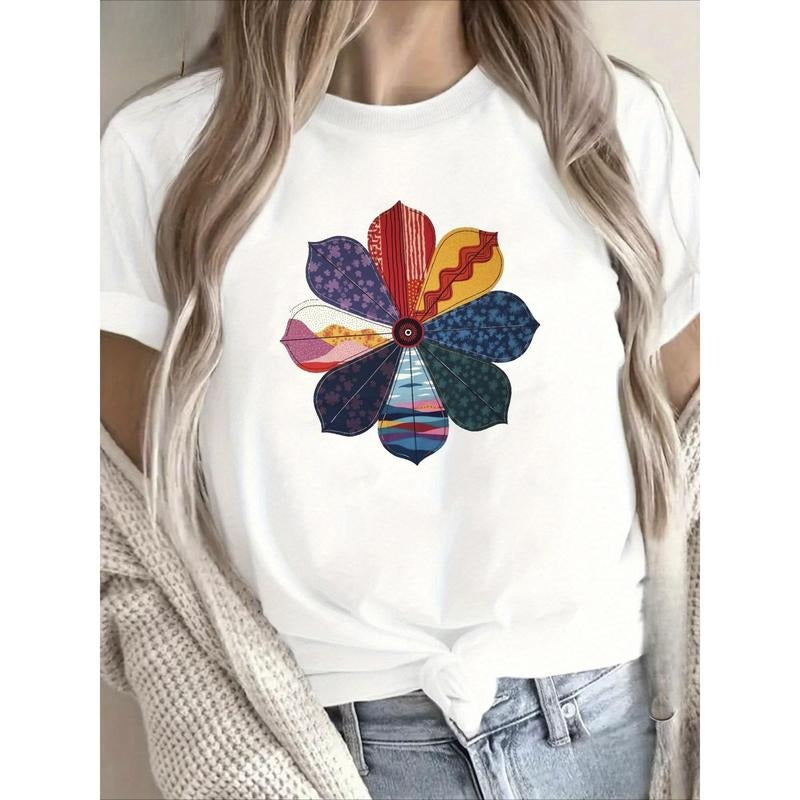 100% Pure, Windmill Flower Splicing Pattern Printed T-Shirt for Summer Round Neck Short Sleeved Women, with Slight...