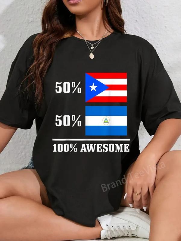 100% cotton 50% Puerto Rico 50% Nica Puerto Rican Nicaraguan Flag Pride T-Shirt women graphic shirts